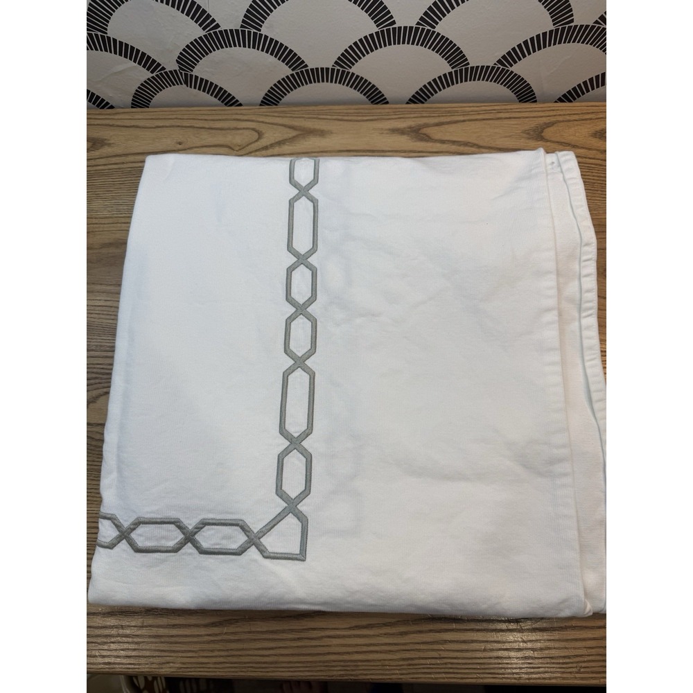 Pottery‎ Barn Cotton Shower Curtain White w/ Grey Fretwork Embroidered Geometric